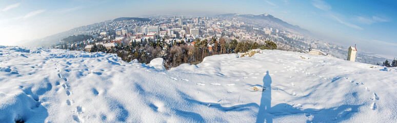 Snowy landscape with Nitra city, Slovakia, panoramic photo