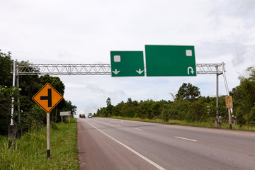 Blank road sign on highway road.