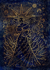 February month graphic concept. Hand drawn illustration on blue texture. Beautiful queen of winter with mask and rabbit against the background with trees in snow