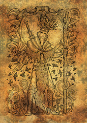 Fototapeta na wymiar March month graphic concept. Hand drawn engraved illustration on paper texture. Handsome magician of spring holding wand against the background of flying birds. 