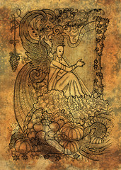 Fototapeta na wymiar September month graphic concept. Hand drawn engraved illustration on paper texture. Beautiful musician queen with arpa against the background of abundance horn with autumn harvest