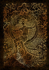 April month graphic concept. Hand drawn engraved illustration on black texture. Young magician of Spring sitting on the moon against the background of plants, leaves and steampunk mechanism