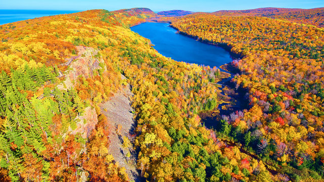 Lake In The Clouds Aerial Cliff Wall Fall Forest Michigan Lake