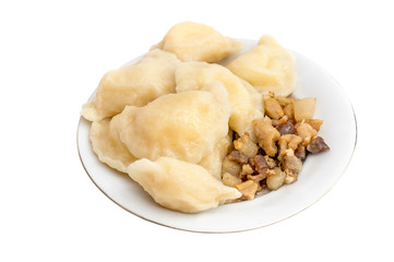 Plate with vareniki and pork greaves. Traditional Ukrainian food. Isolated on white.