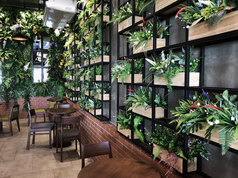 Artificial plant decoration on the wall of coffee cafe interior. Stock  Photo | Adobe Stock