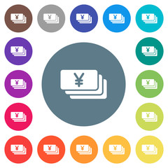 Yen banknotes flat white icons on round color backgrounds