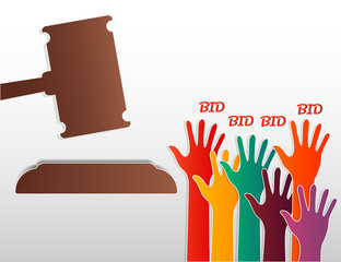 many hands holding and Wood Hammer. auction concept , paper art style.