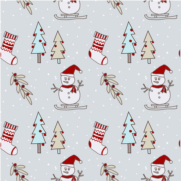 Christmas seamless pattern leave, Christmas tree, snowman, wool sock, for holly jolly celebration, decorated wallpaper scrapbook wrapping paper for season greeting in brown, red and brown gray.