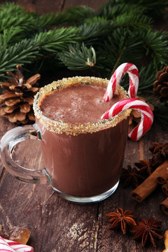 Traditional Christmas drinks. North Pole Cocktail with candy cane sweets, peppermint, hot chocolate or cocoa, ginger ad milk