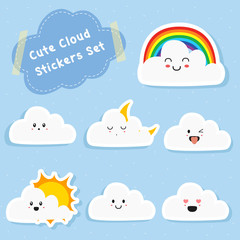 set of cute clouds stickers with different expression. printable stickers set, cartoon vector