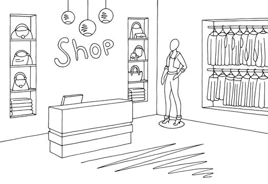Shop interior graphic black white sketch illustration vector