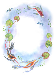Fototapeta na wymiar Frame from Koi fish, plants and dragonflies, watercolor illustration.