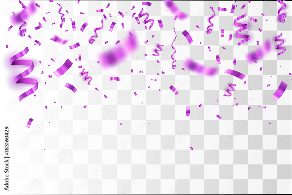 Poster purple confetti. vector festive illustration of falling shiny confetti isolated