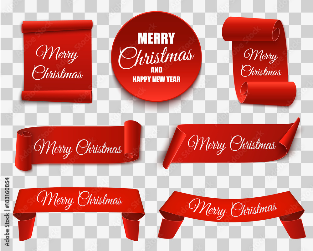 Poster christmas banners isolated. set of red scrolls. vector template