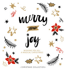 Merry and Joy. Christmas greeting card with calligraphy. Handwritten modern brush lettering. Hand drawn design elements.