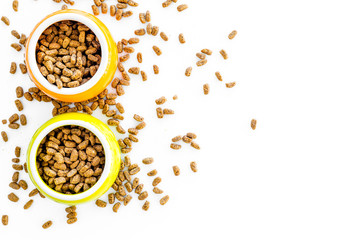 Dry pet food in bowls on white background top view copyspace