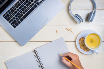 Computer laptop research working on desk concept