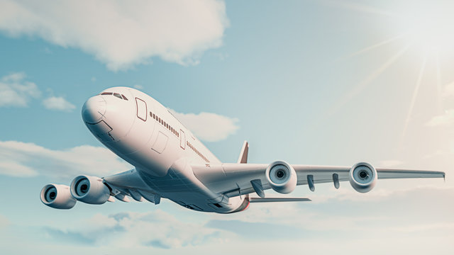 Fototapeta The plane fly in the sky. 3d rendering and illustration.