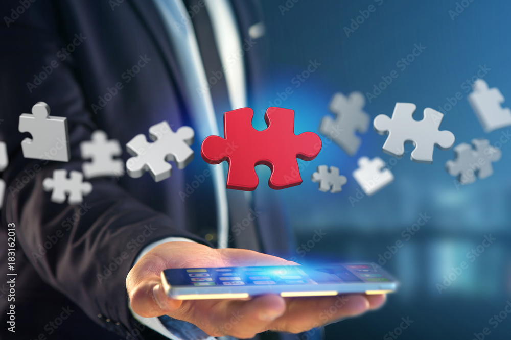 Poster puzzle pieces on a futuristic interface - 3d rendering