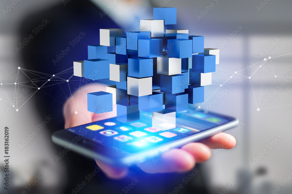 Poster 3d rendering blue and white cube on a futuristic interface