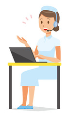 A woman nurse wearing a nurse cap and white coat is talking with a headset