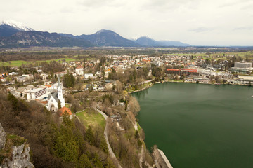 Fototapeta na wymiar Slovenia - Bled - Aerial view of Bled resort, settlement and lake taken from Bled castle