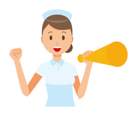 A woman nurse wearing a nurse hat and white coat has a megaphone