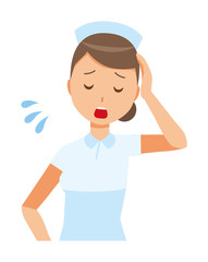 A woman nurse wearing a nurse hat and white coat is tired