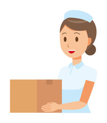 A woman nurse wearing a nurse cap and white coat has a cardboard box