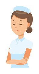Female nurse wearing a nurse hat and white coat is depressed