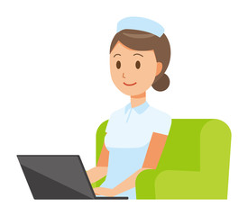A woman nurse wearing a nurse cap and white coat sits on the sofa and is operating a laptop computer