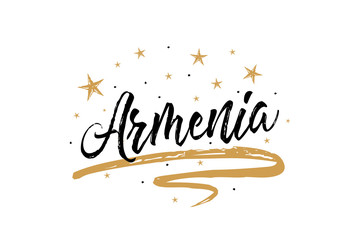 Armenia. Name country word text card, banner script. Beautiful typography inscription greeting calligraphy poster black, gold ribbon, star. Handwritten design modern brush lettering isolated vector