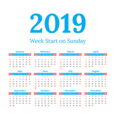 2019 calendar start on sunday