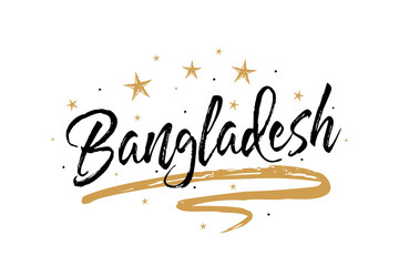 Bangladesh. Name country word text card, banner script. Beautiful typography inscription greeting calligraphy poster black, gold ribbon, star. Handwritten design modern brush lettering isolated vector
