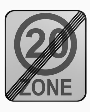 German traffic sign: tempo 20 zone finished isolated on white