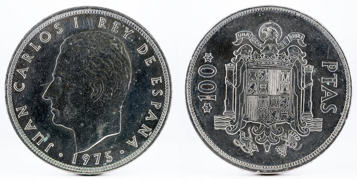 Old Spanish coin of 100 pesetas, Juan Carlos I. Coined in nickel. Year 1975, 1976 in the stars.