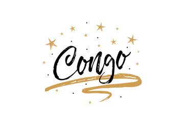 Congo. Name country word text card, banner script. Beautiful typography inscription greeting calligraphy poster black, gold ribbon, star. Handwritten design modern brush lettering isolated vector