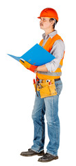 builder in a helmet with folder over white wall background.