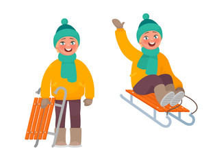 Active rest in winter. The boy is riding a sled. Vector illustration in cartoon style