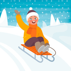 Boy is riding a sleigh from a hill. Children's winter fun. Vector illustration in cartoon style