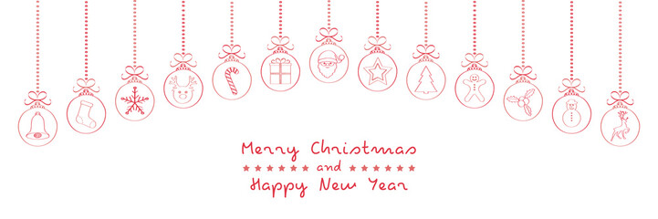 Fototapeta na wymiar Hanging hand drawn Christmas ornaments with icons and wishes - panoramic banner. Vector.