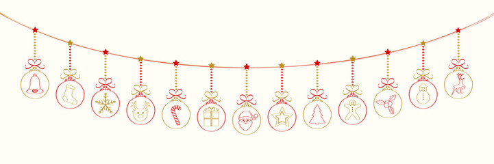 Panoramic Christmas decoration - hanging hand drawn Christmas balls. Vector. 