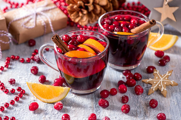 Mulled wine with cranberberries, christmas hot winter drink