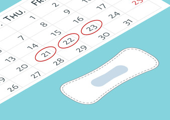 A calendar with the menstrual days marks and menstrual pads. Vector illustration of blood period calendar with blood drops. Menstruation period pain protection. Feminine hygiene, monthlies rainy days.