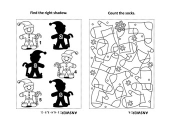 Two visual puzzles and coloring page for kids. Find the shadow for each picture of gingerbread man. Count the socks. Black and white. Answers included.