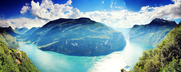 Beautiful Fjord Landscape panorama. Geirangerfjord, Norway. 
