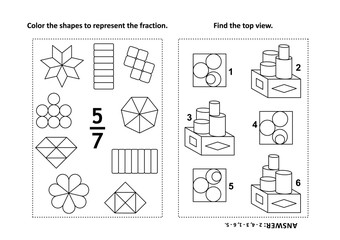 Two visual math puzzles and coloring pages. Color the shapes to represent the fraction. Find the top view. Black and white. Answers included.
