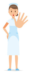 Obraz premium A woman nurse wearing a nurse hat and white coat is giving out his hand