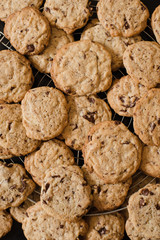 Close up of homemade , traditional American chewy Chocolate Chip Cookies with big semi-sweet chocolate chunks fresh from the oven on cooling rack