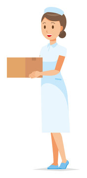 A woman nurse wearing a nurse cap and white coat has a cardboard box